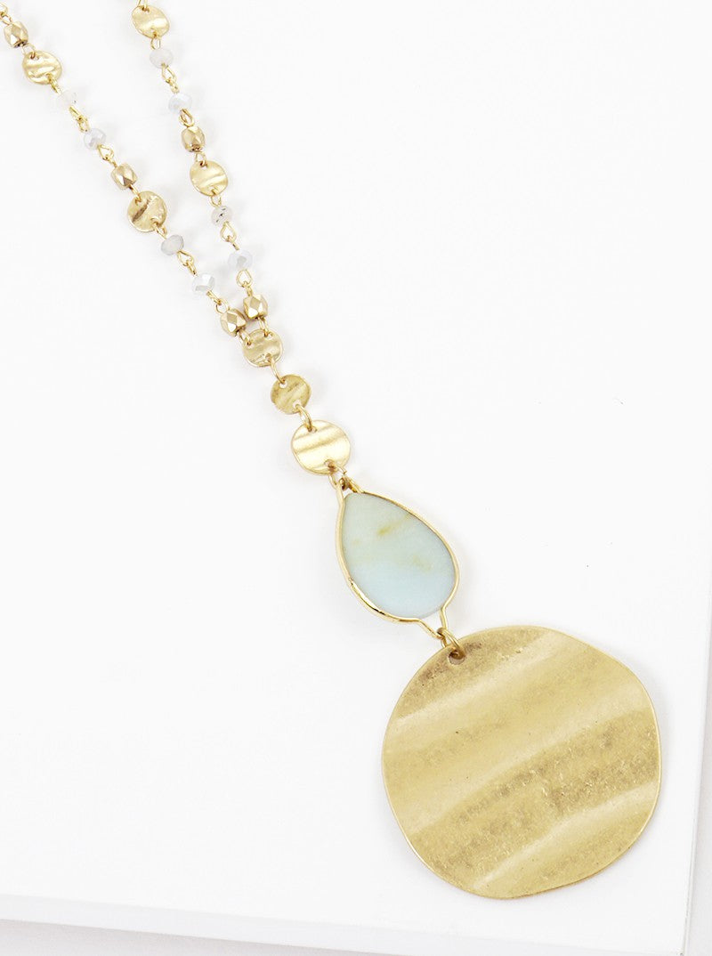 Semi-Precious Natural Stone Teardrop Bead & Disc Pendant Long Necklace With Faceted Glass Bead Chain