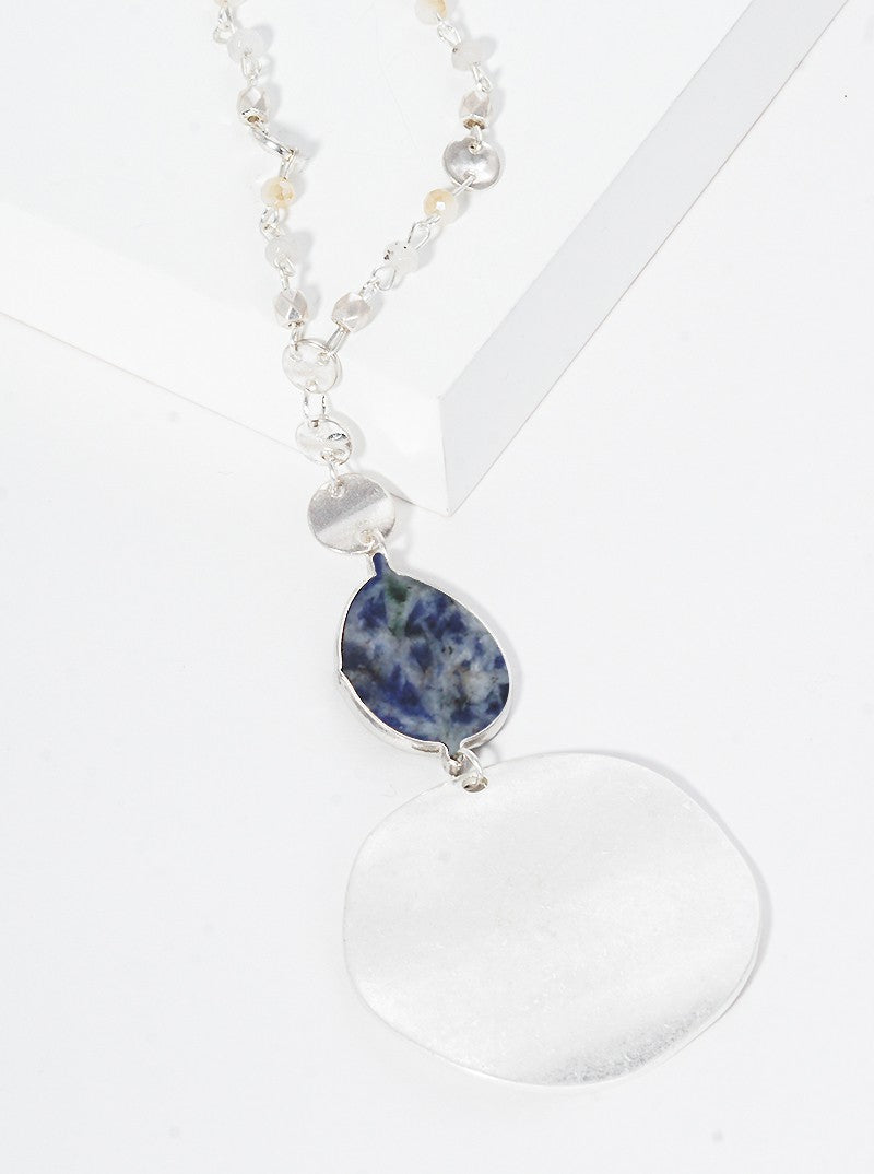 Semi-Precious Natural Stone Teardrop Bead & Disc Pendant Long Necklace With Faceted Glass Bead Chain