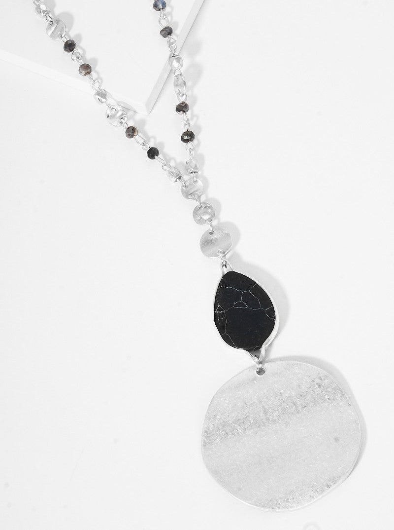 Semi-Precious Natural Stone Teardrop Bead & Disc Pendant Long Necklace With Faceted Glass Bead Chain