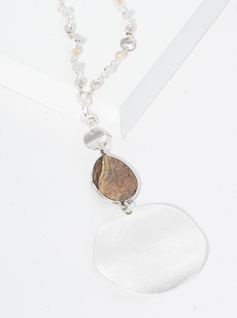 Semi-Precious Natural Stone Teardrop Bead & Disc Pendant Long Necklace With Faceted Glass Bead Chain