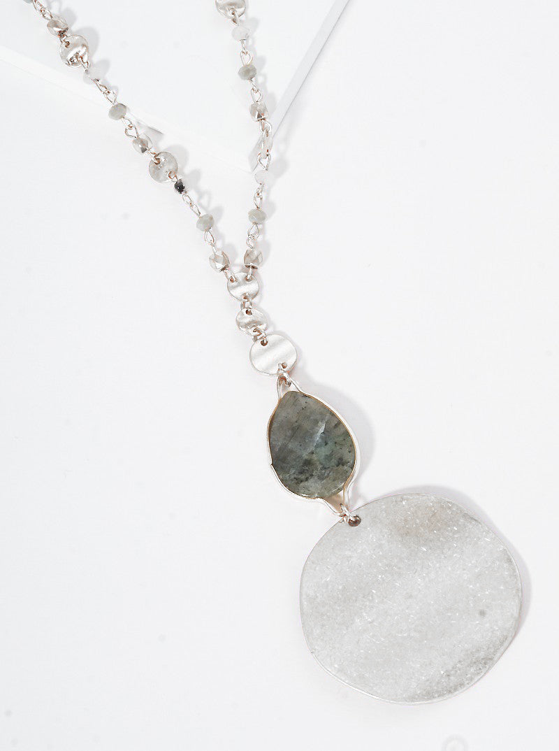 Semi-Precious Natural Stone Teardrop Bead & Disc Pendant Long Necklace With Faceted Glass Bead Chain