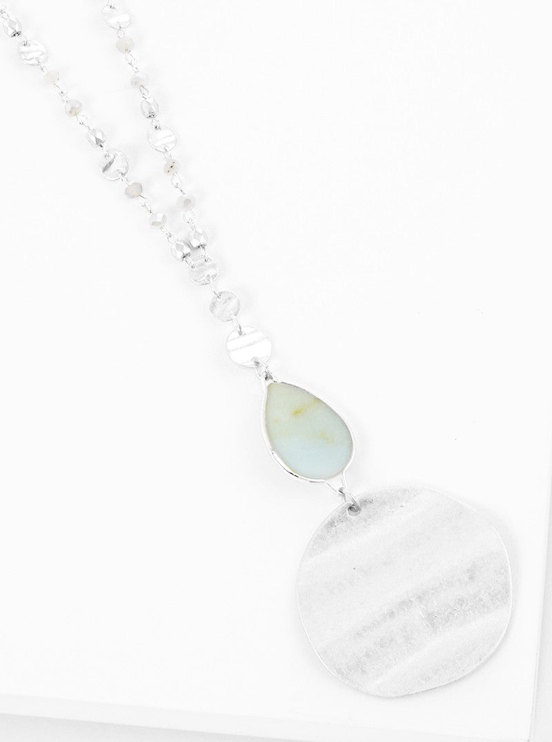 Semi-Precious Natural Stone Teardrop Bead & Disc Pendant Long Necklace With Faceted Glass Bead Chain
