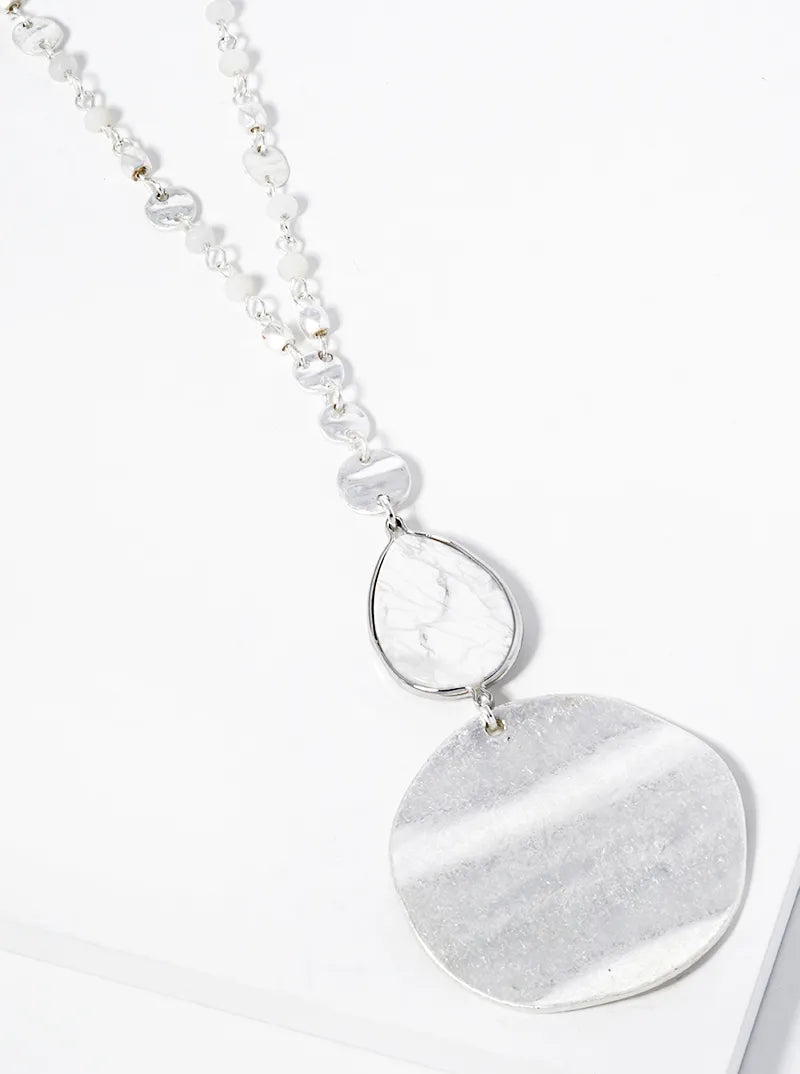 Semi-Precious Natural Stone Teardrop Bead & Disc Pendant Long Necklace With Faceted Glass Bead Chain