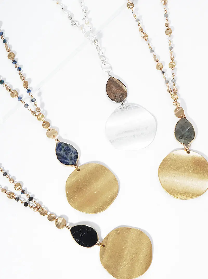 Semi-Precious Natural Stone Teardrop Bead & Disc Pendant Long Necklace With Faceted Glass Bead Chain
