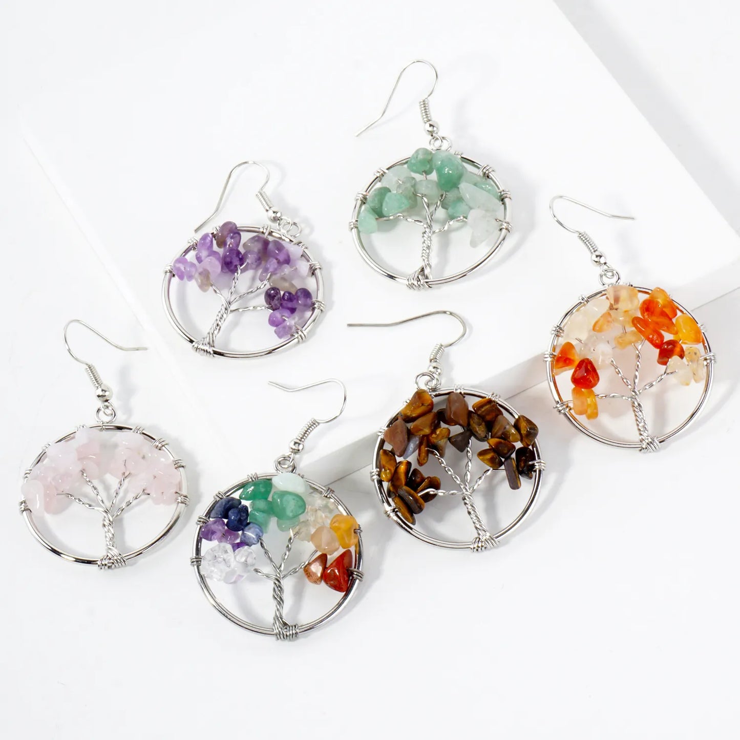 Semi-Precious Natural-Stone Tree-of-Life Dangle Earrings