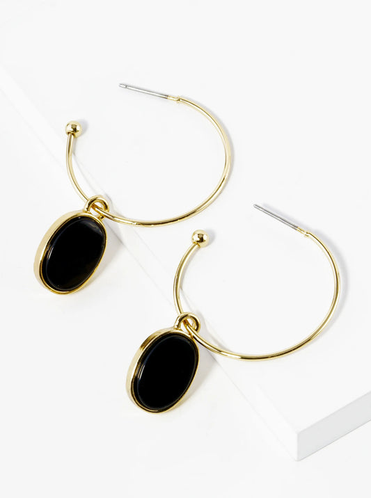 Semi-Precious Oval Stone Drop 30mm Open Hoop Earrings