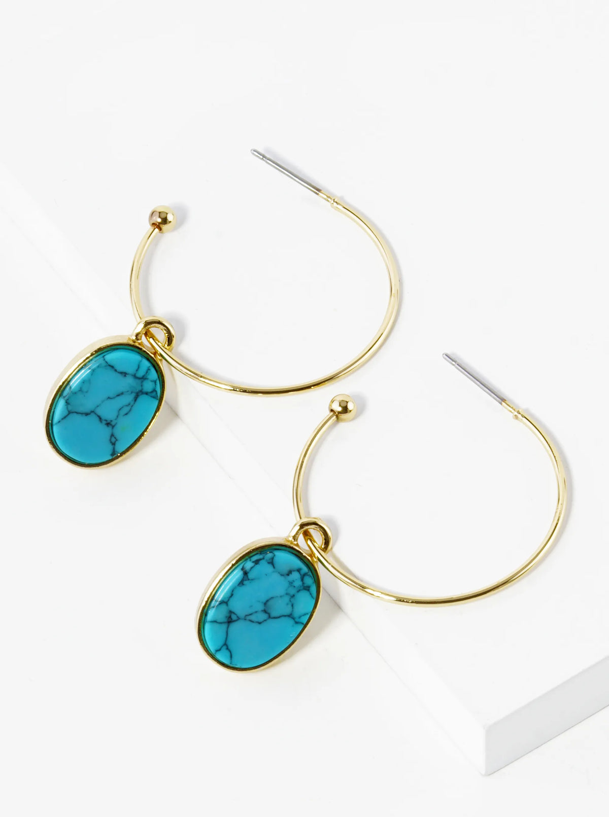 Semi-Precious Oval Stone Drop 30mm Open Hoop Earrings