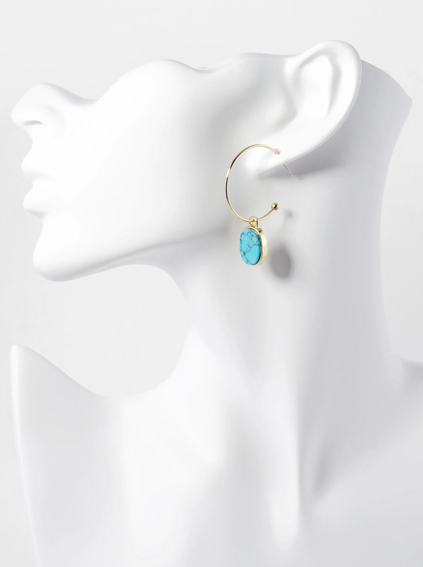 Semi-Precious Oval Stone Drop 30mm Open Hoop Earrings
