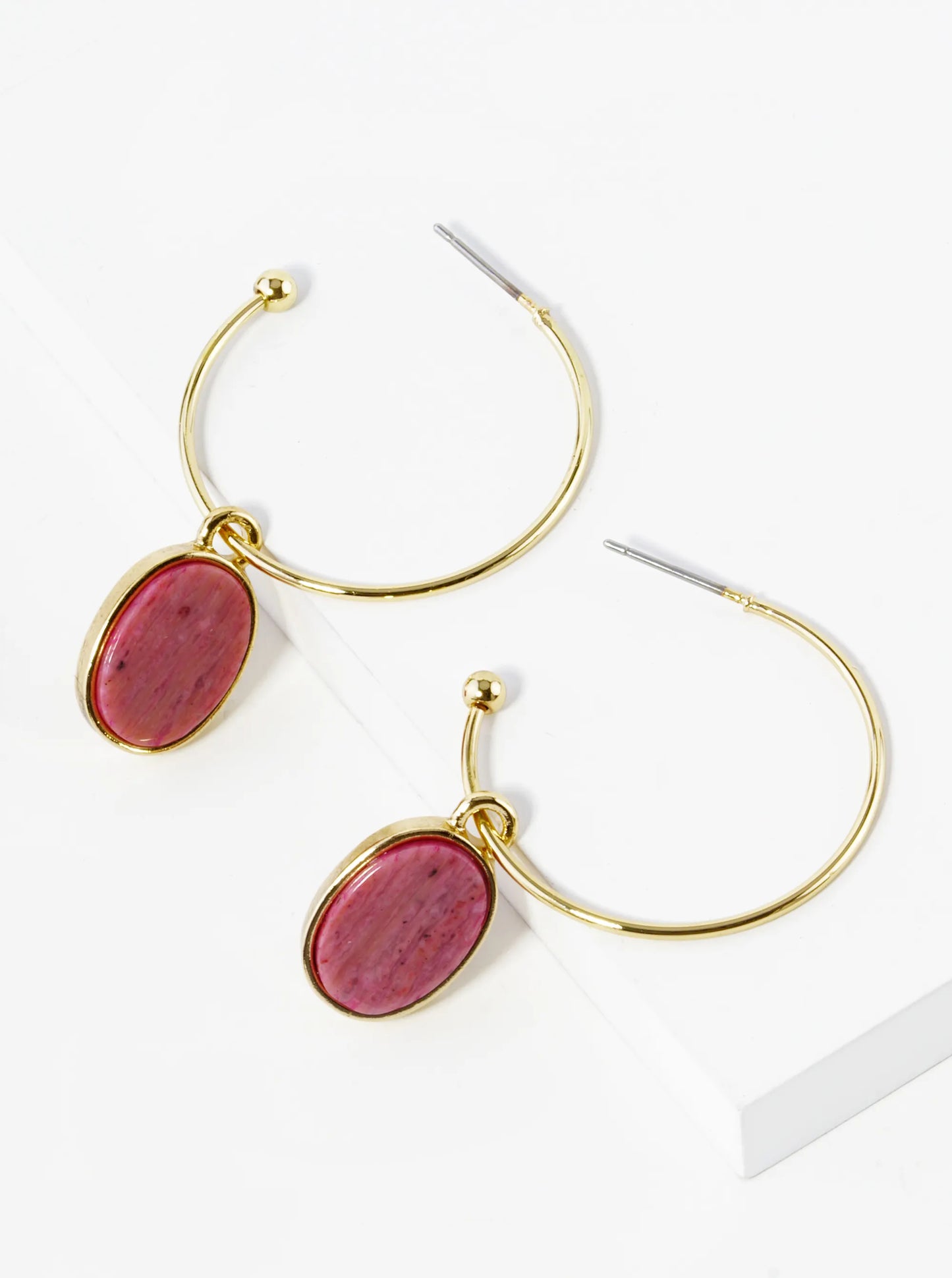 Semi-Precious Oval Stone Drop 30mm Open Hoop Earrings