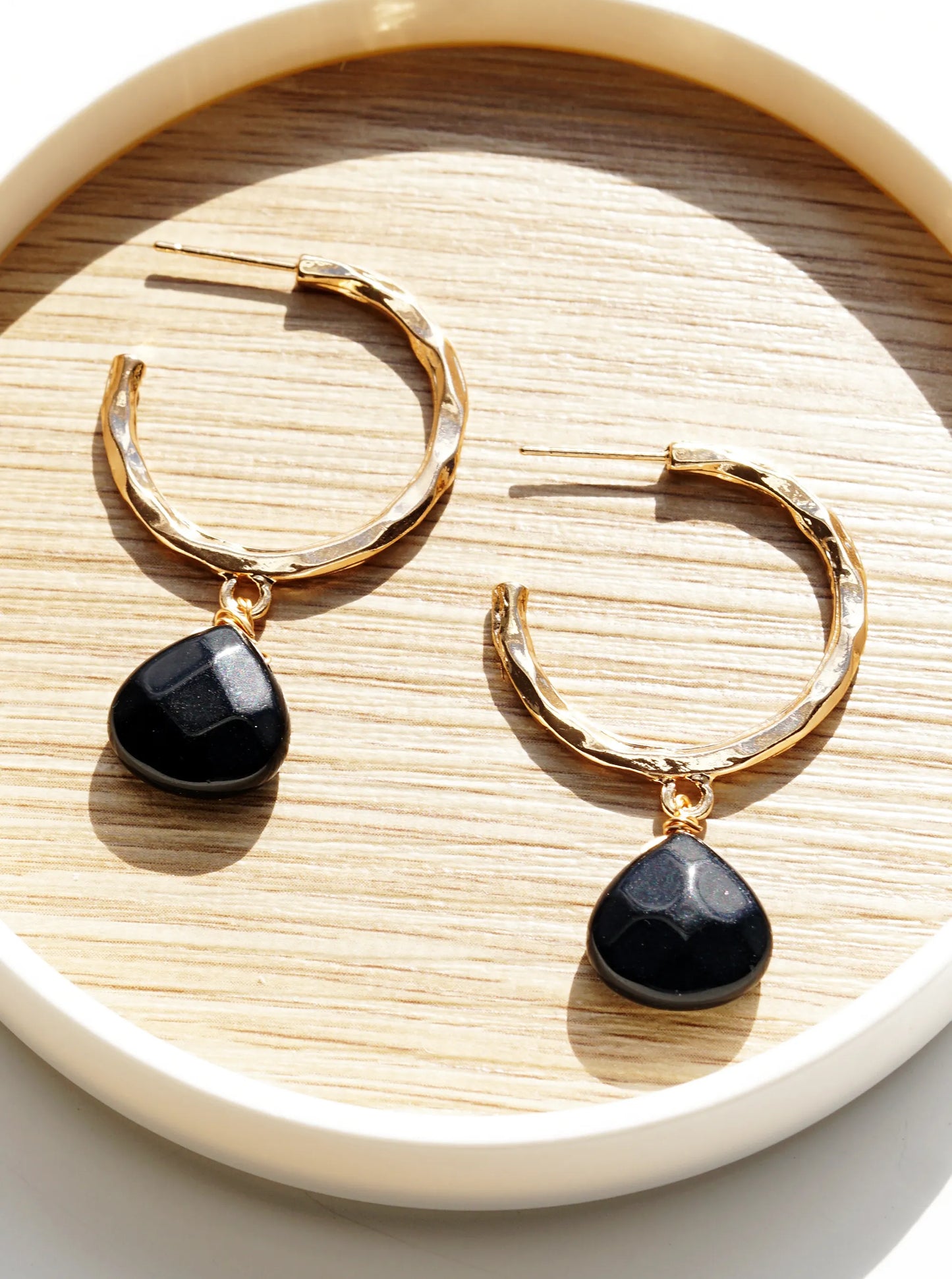 Semi-Precious Stone Drop 30mm Hammered Hoop Earrings