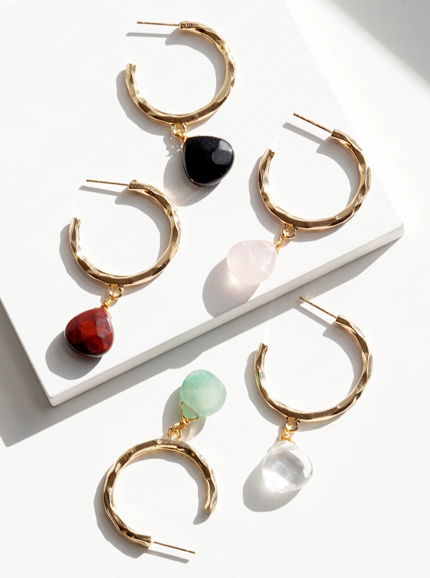 Semi-Precious Stone Drop 30mm Hammered Hoop Earrings