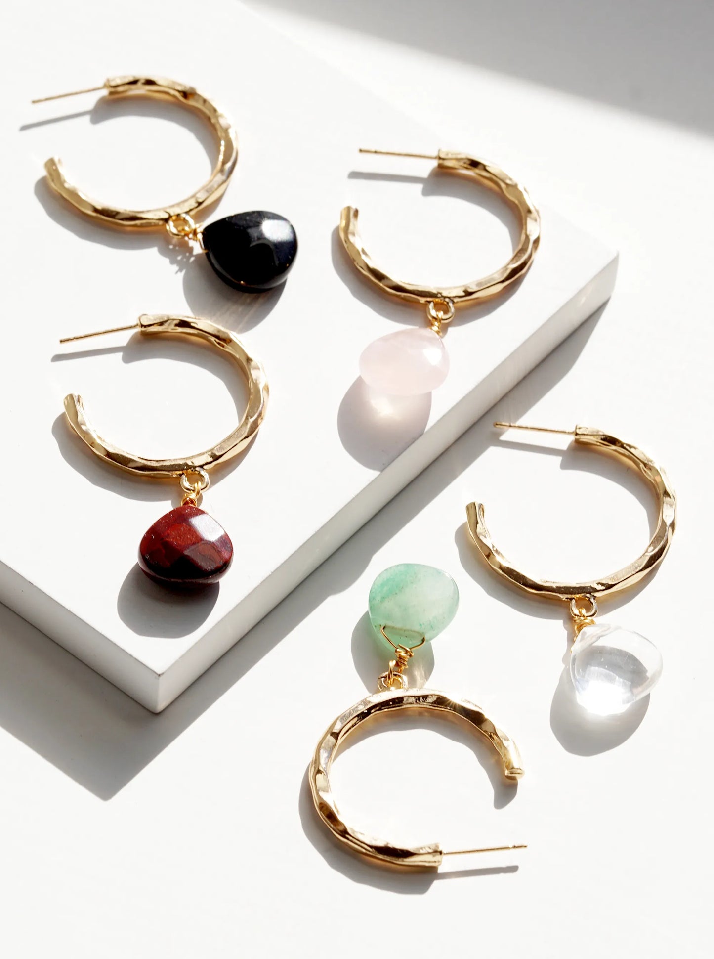 Semi-Precious Stone Drop 30mm Hammered Hoop Earrings