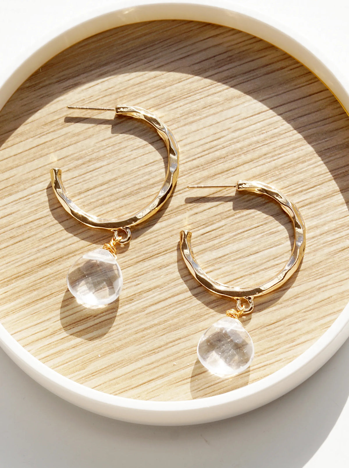 Semi-Precious Stone Drop 30mm Hammered Hoop Earrings