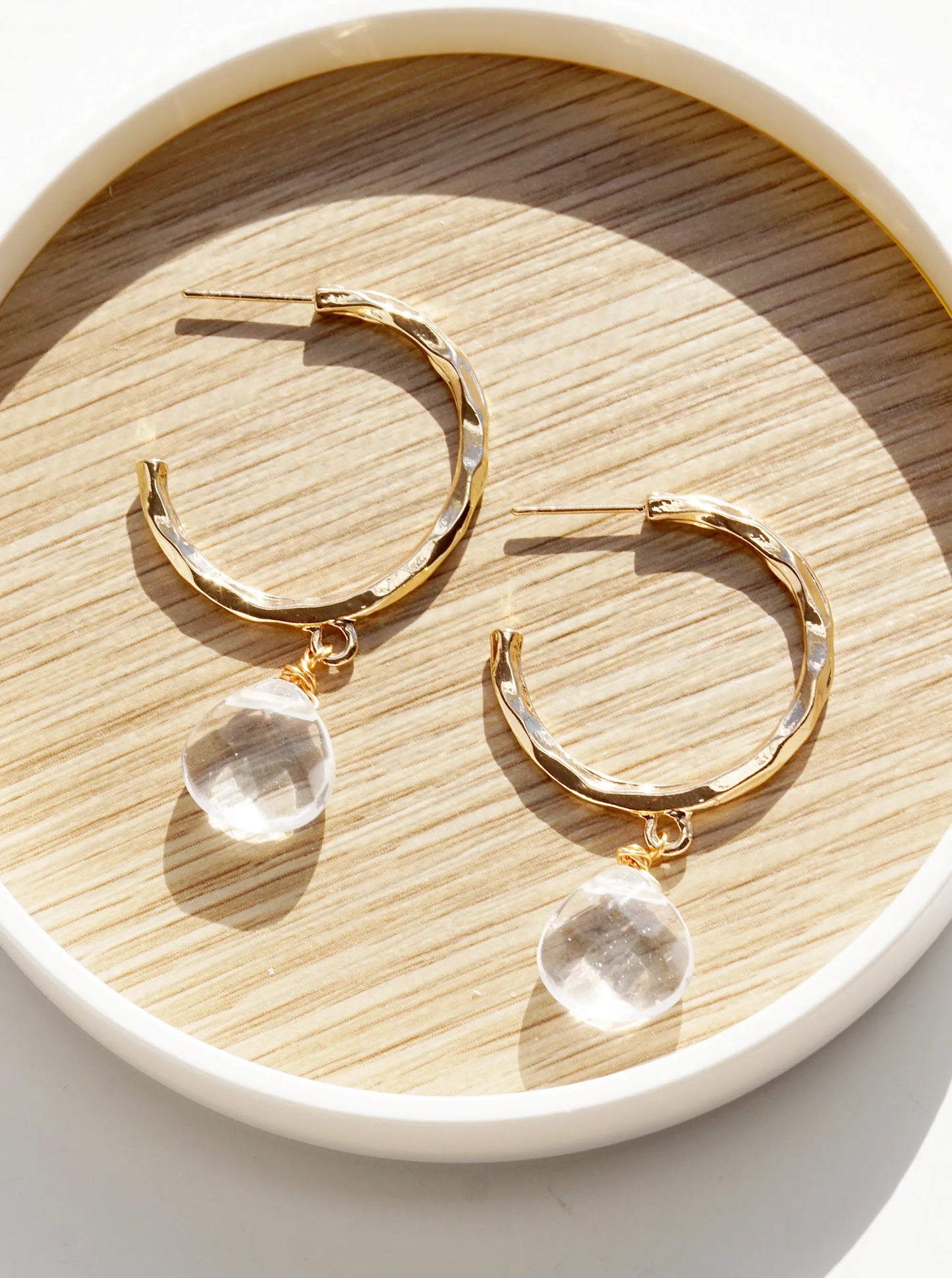 Semi-Precious Stone Drop 30mm Hammered Hoop Earrings