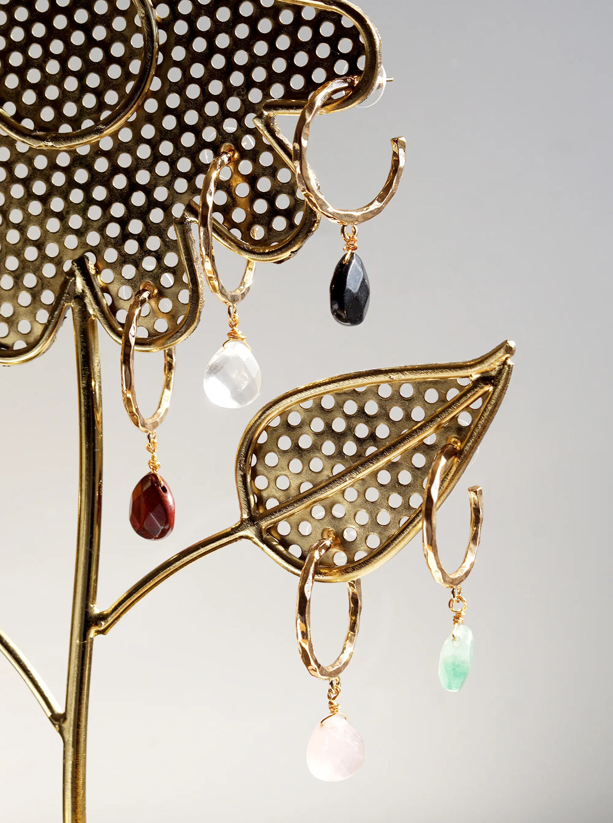 Semi-Precious Stone Drop 30mm Hammered Hoop Earrings