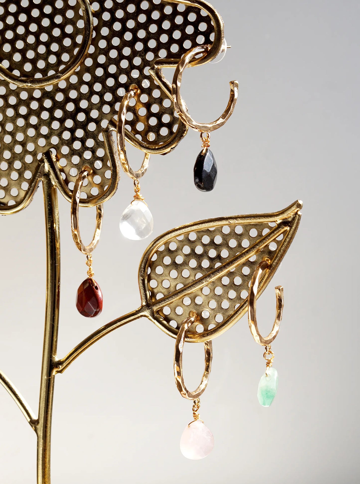 Semi-Precious Stone Drop 30mm Hammered Hoop Earrings