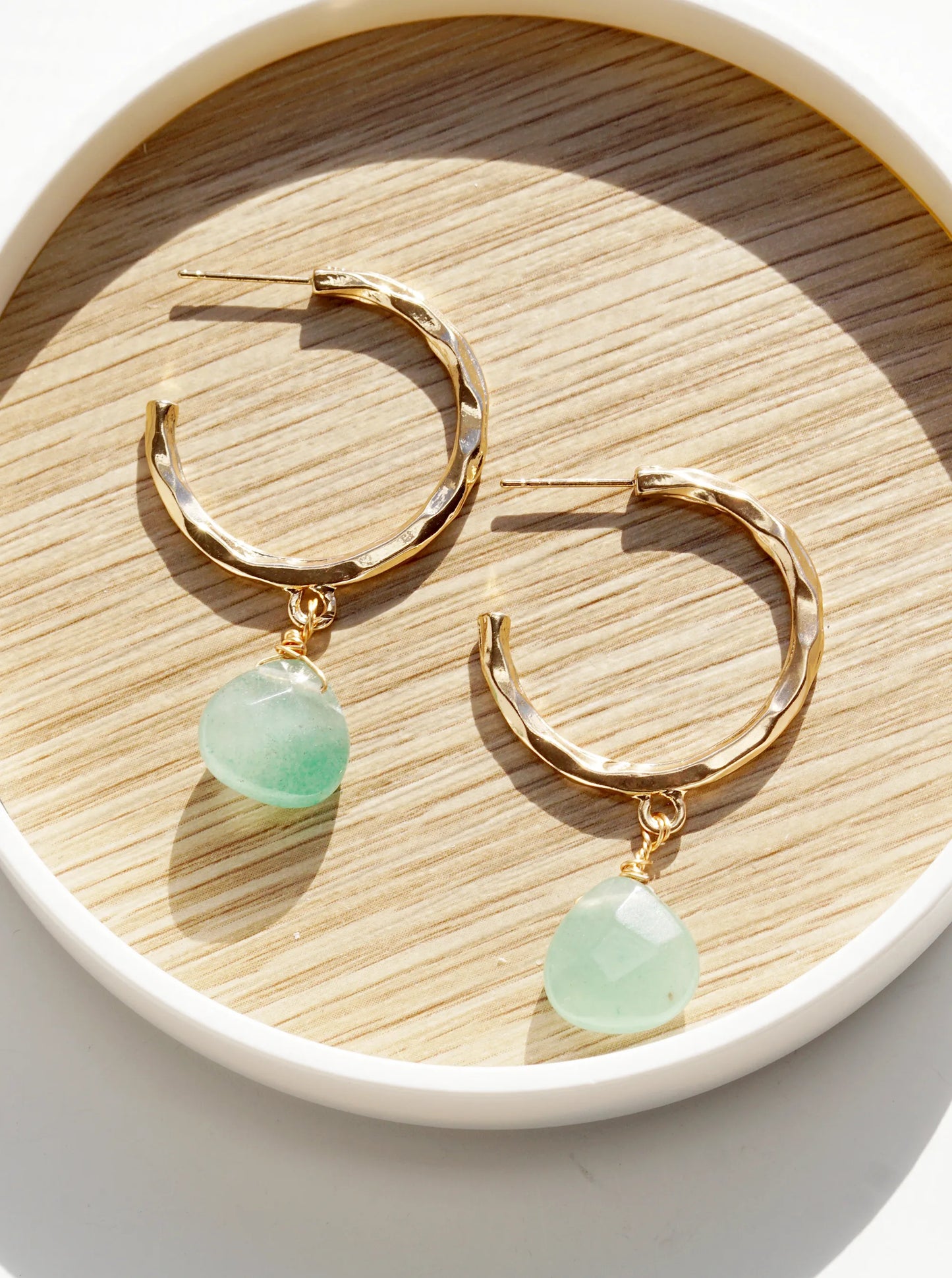 Semi-Precious Stone Drop 30mm Hammered Hoop Earrings