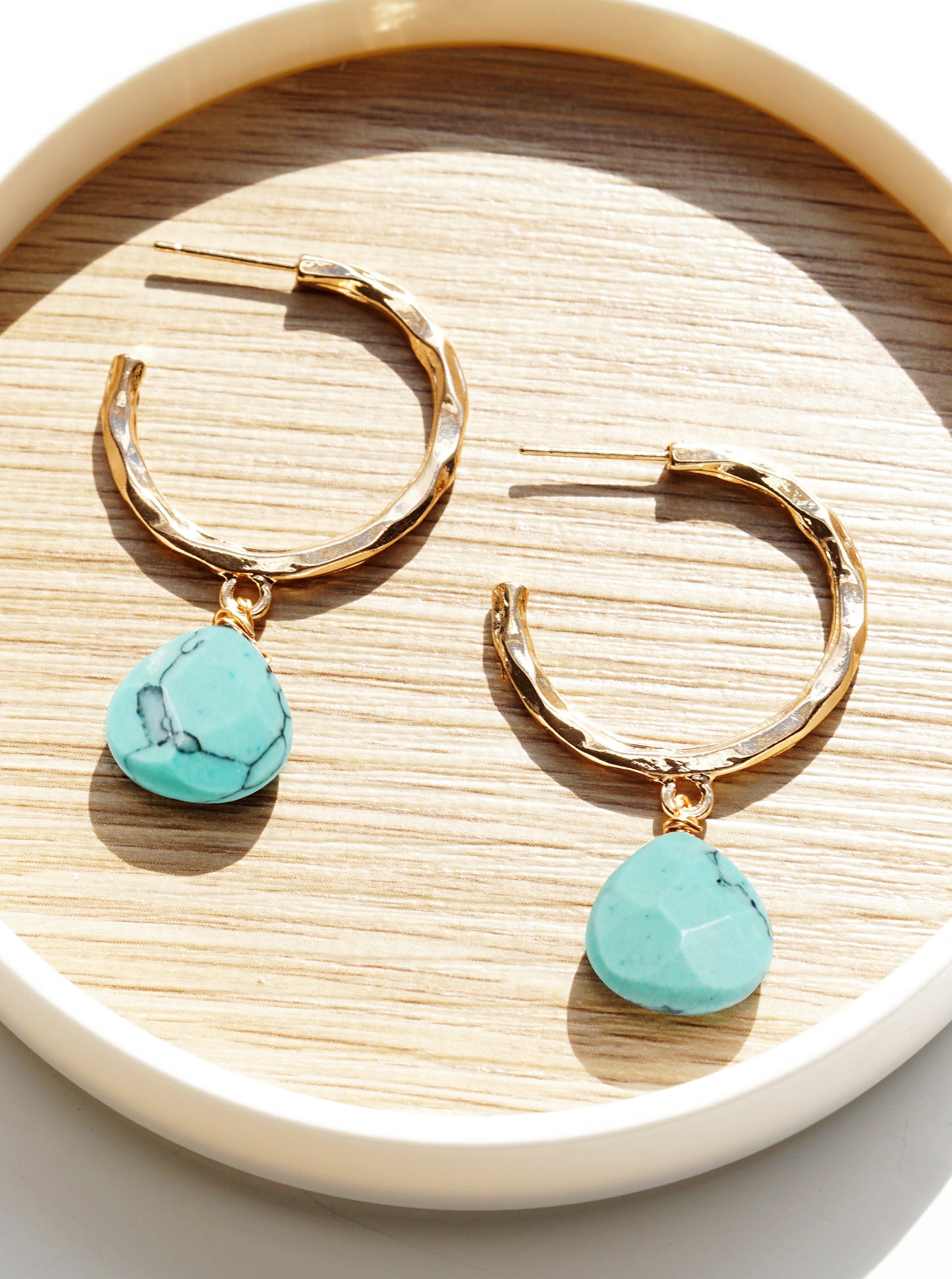 Semi-Precious Stone Drop 30mm Hammered Hoop Earrings