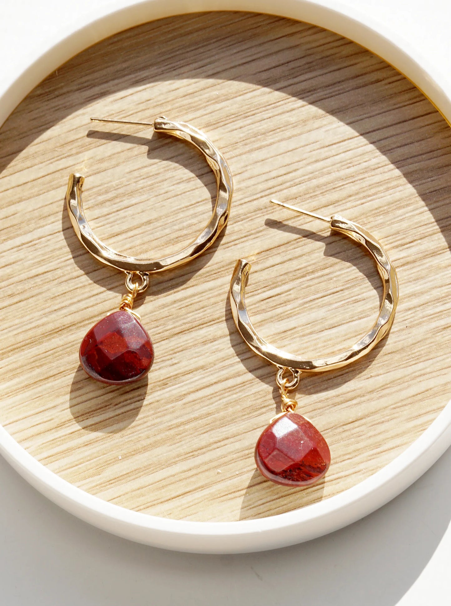 Semi-Precious Stone Drop 30mm Hammered Hoop Earrings