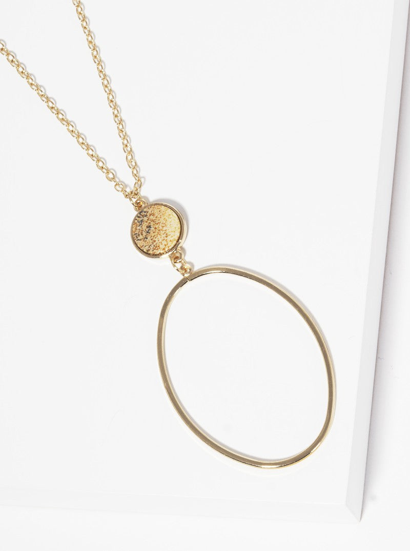 Semi-Precious Stone Linked Wire Oval Pendant Long Necklace