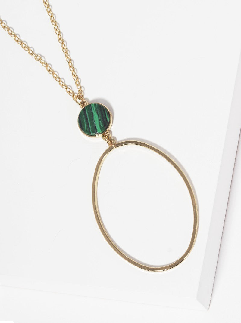 Semi-Precious Stone Linked Wire Oval Pendant Long Necklace