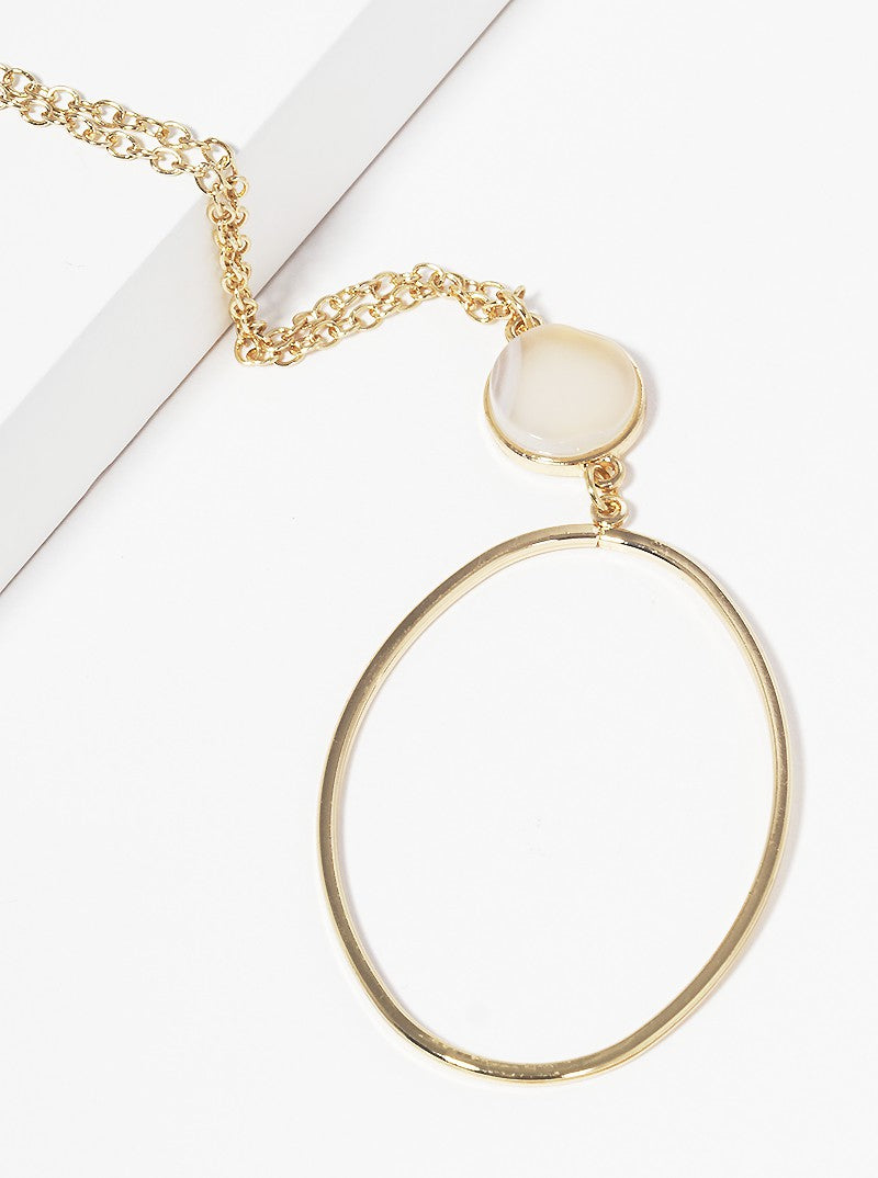Semi-Precious Stone Linked Wire Oval Pendant Long Necklace