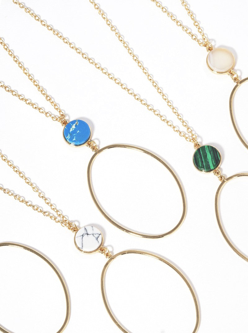 Semi-Precious Stone Linked Wire Oval Pendant Long Necklace