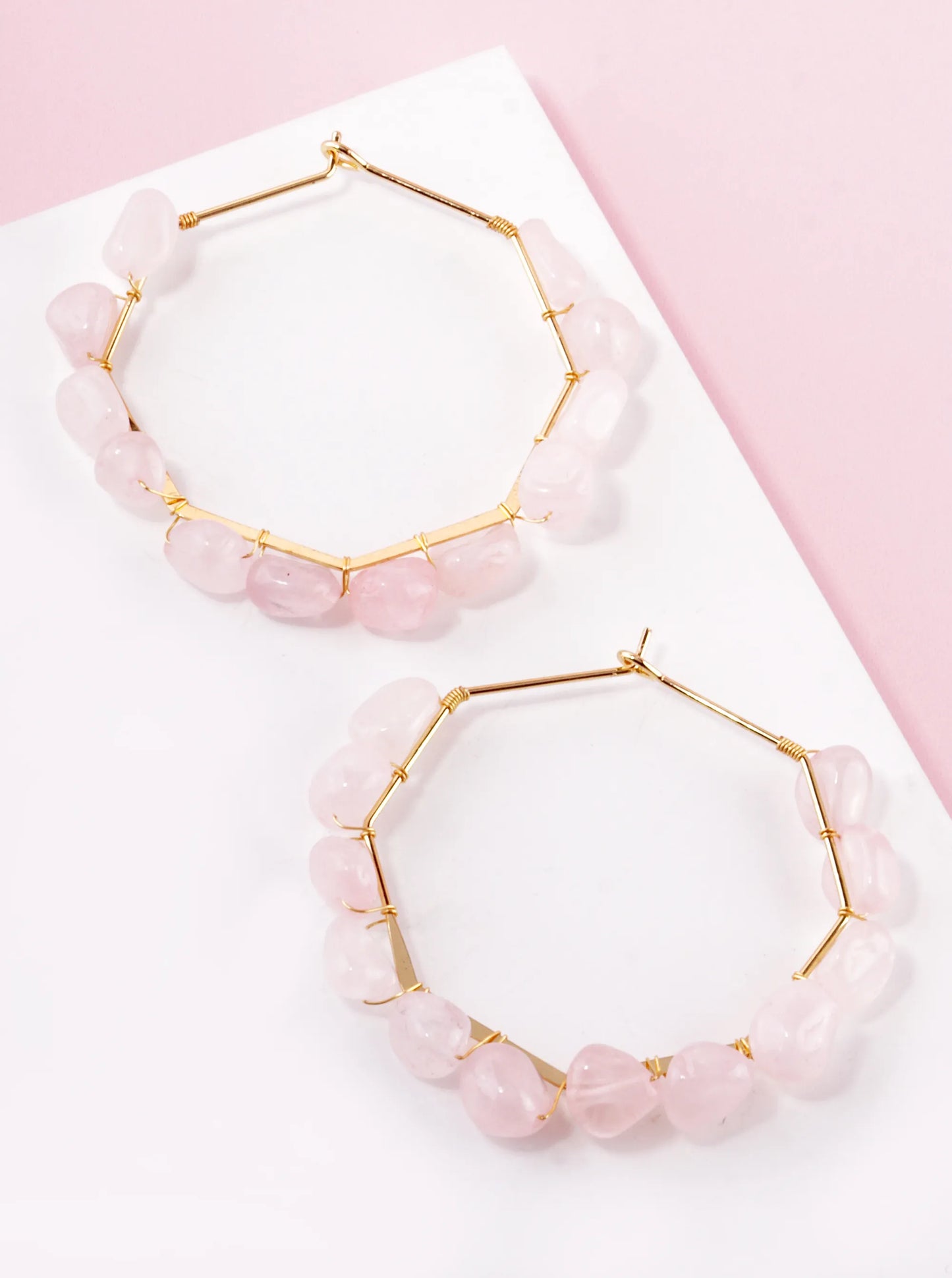 Semi-Precious Stone Wire Wrapped Octagon Shape Wire Hoop Earrings