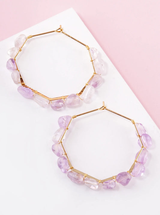 Semi-Precious Stone Wire Wrapped Octagon Shape Wire Hoop Earrings