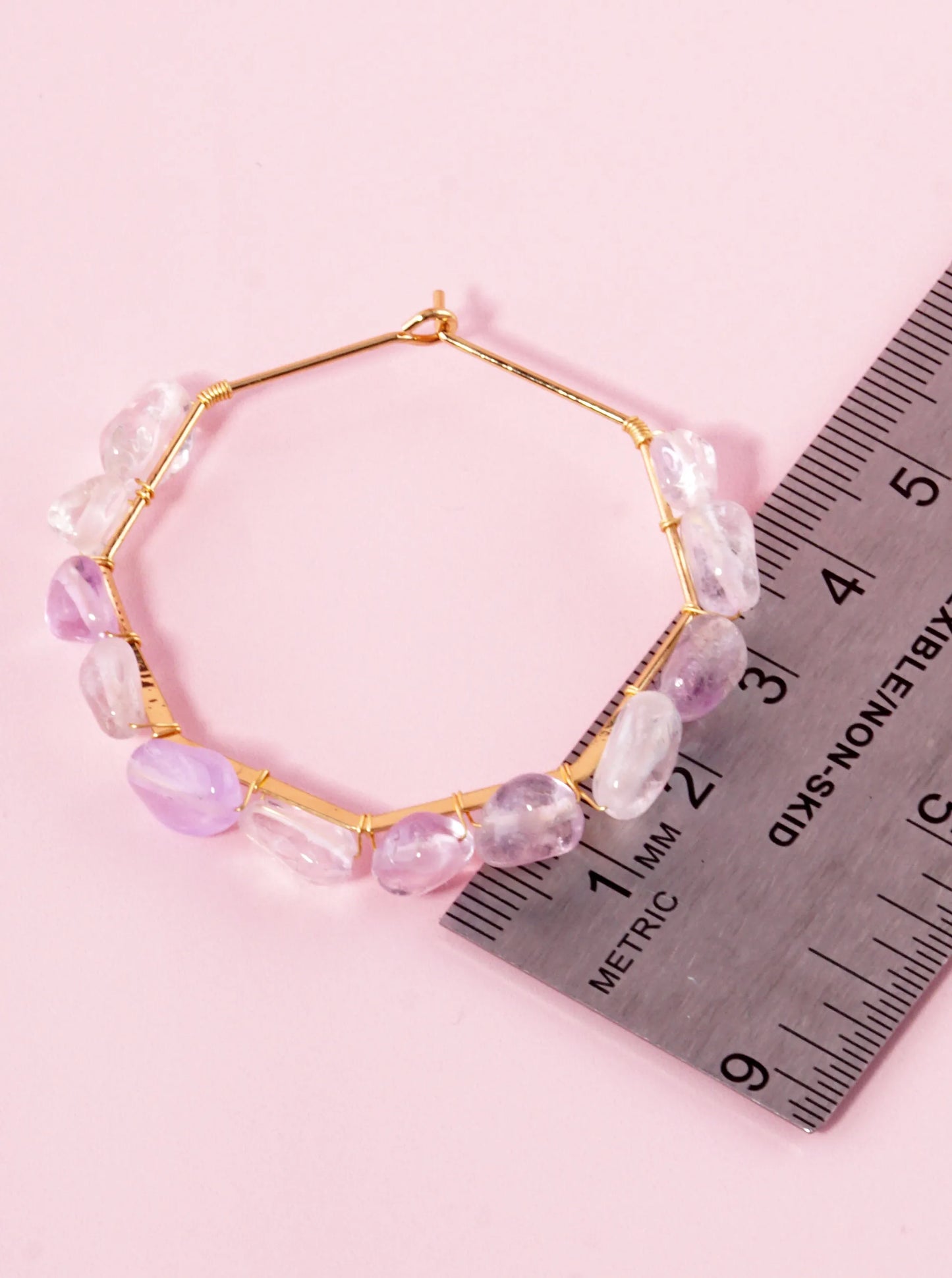Semi-Precious Stone Wire Wrapped Octagon Shape Wire Hoop Earrings