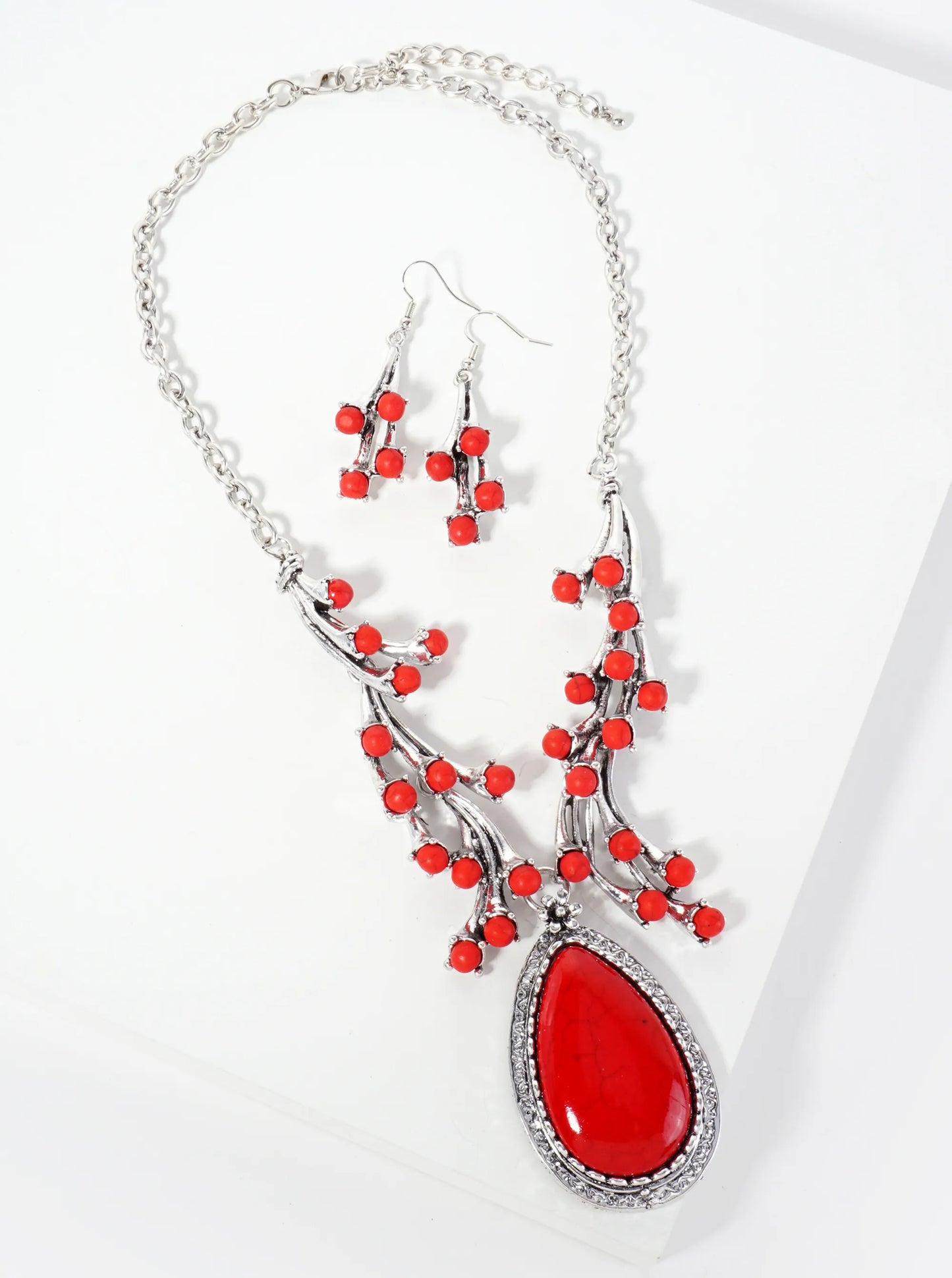 Semi-Precious Teardrop Stone Bohemian Western Statement Necklace Set-with-Earrings
