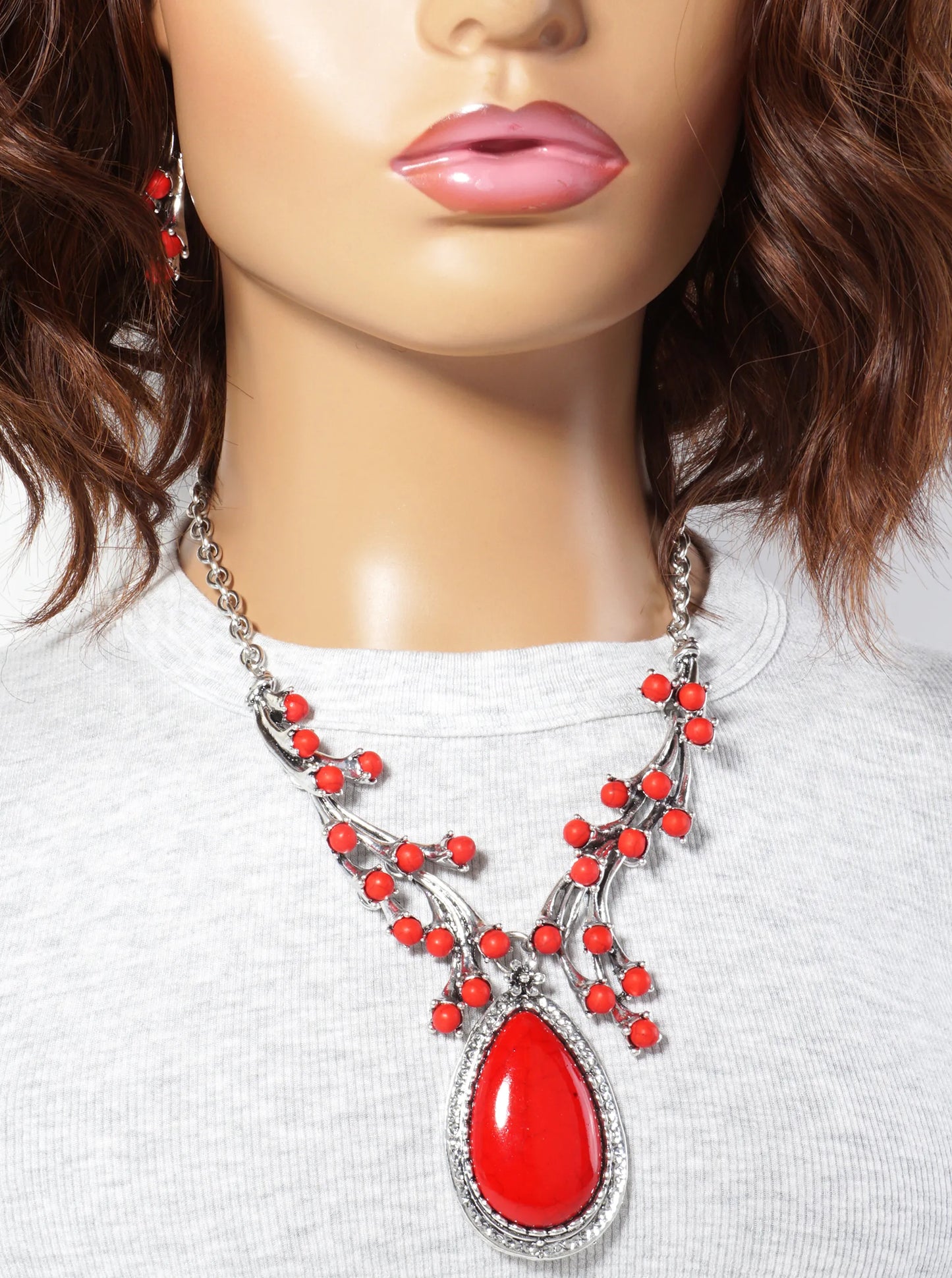 Semi-Precious Teardrop Stone Bohemian Western Statement Necklace Set-with-Earrings