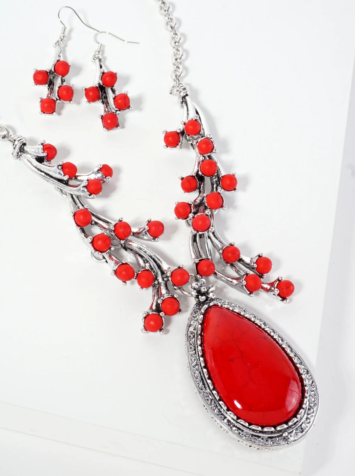 Semi-Precious Teardrop Stone Bohemian Western Statement Necklace Set-with-Earrings