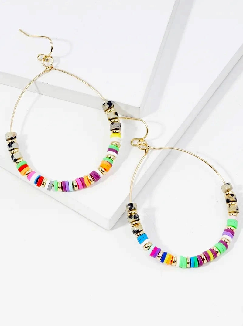 Semi-precious Stone And Clay Beaded Circle Wire Dangle Drop Earrings