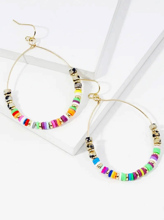 Semi-precious Stone And Clay Beaded Circle Wire Dangle Drop Earrings