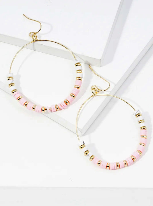 Semi-precious Stone And Clay Beaded Circle Wire Dangle Drop Earrings