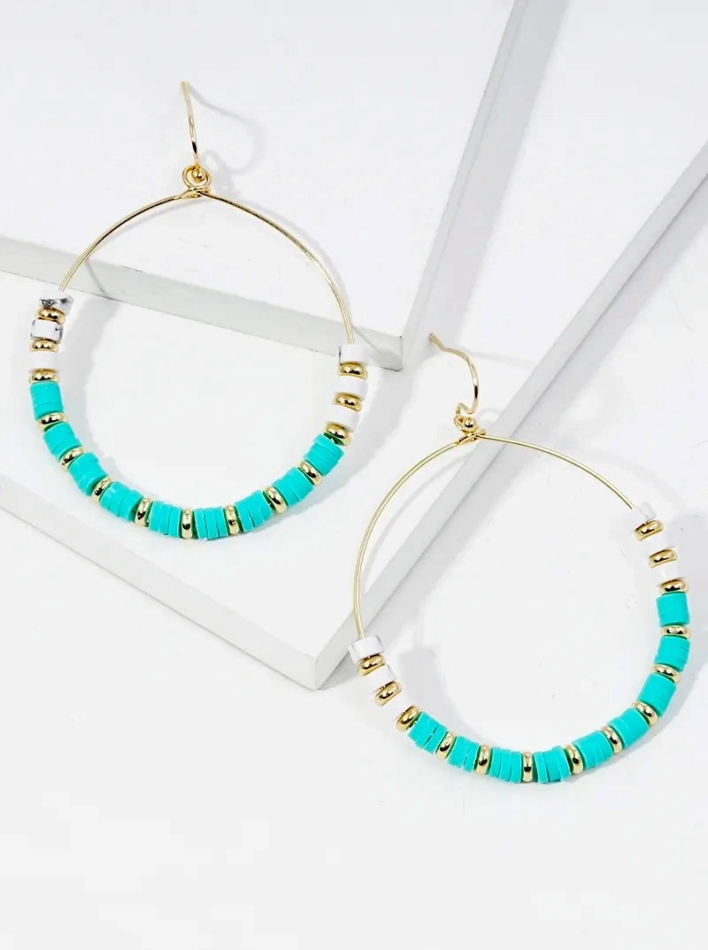 Semi-precious Stone And Clay Beaded Circle Wire Dangle Drop Earrings