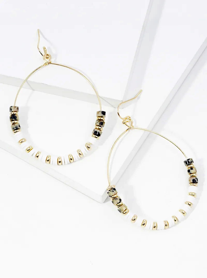 Semi-precious Stone And Clay Beaded Circle Wire Dangle Drop Earrings