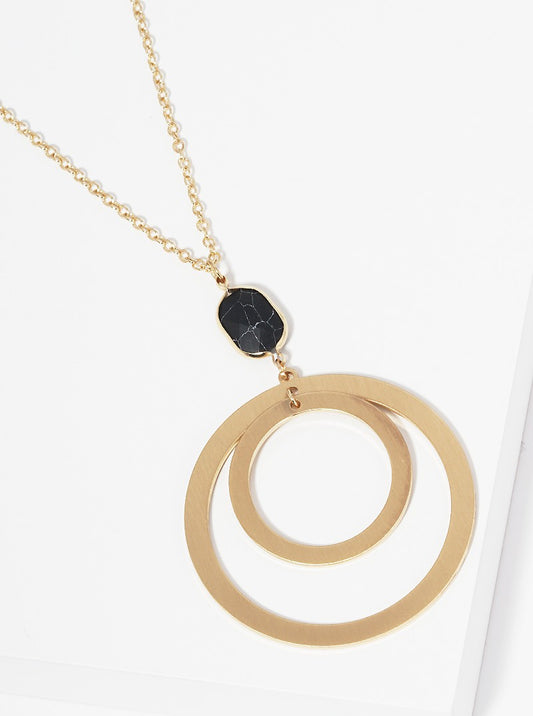Semi-precious Natural Stone Flat Double Circle Pendant Long Necklace