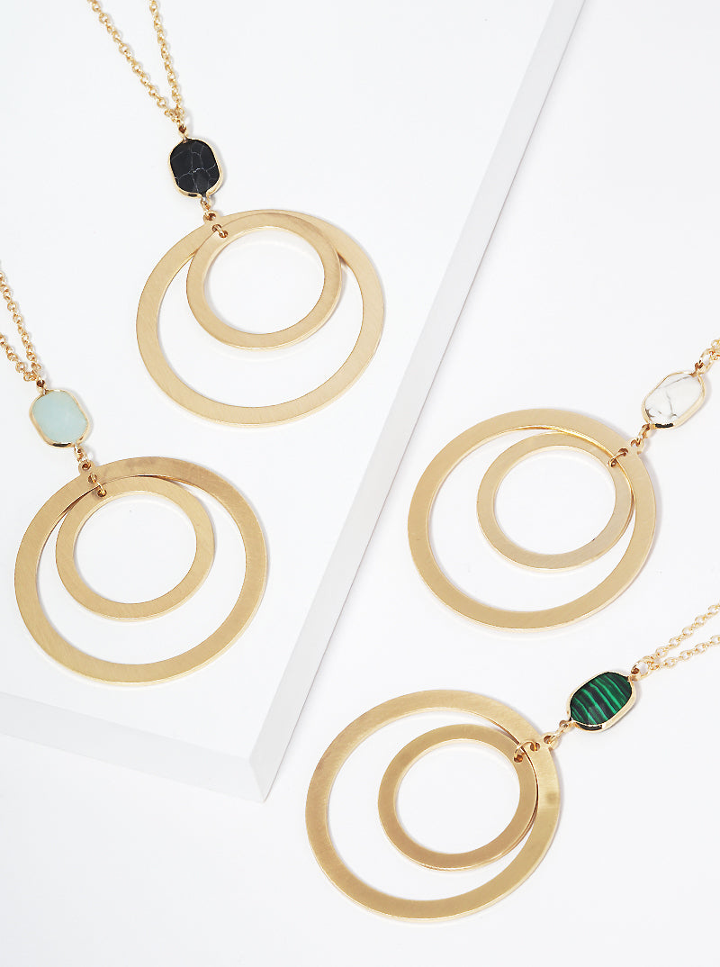 Semi-precious Natural Stone Flat Double Circle Pendant Long Necklace
