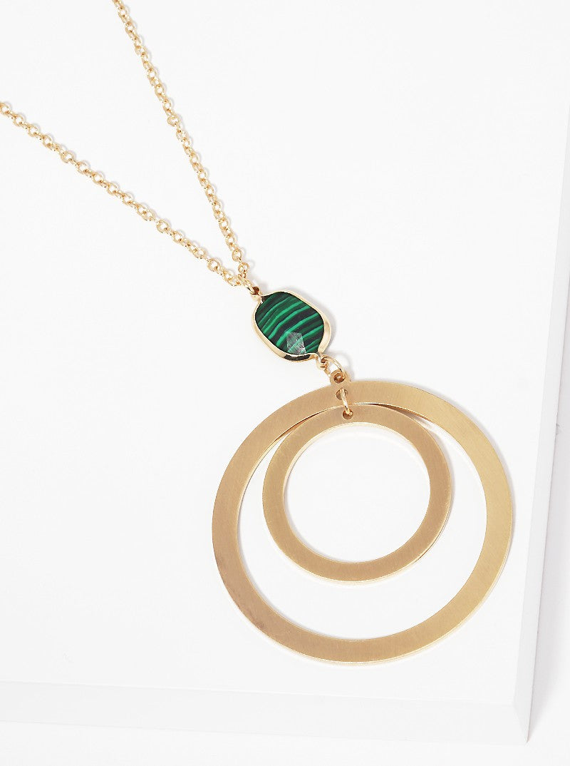 Semi-precious Natural Stone Flat Double Circle Pendant Long Necklace