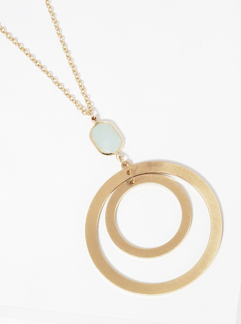 Semi-precious Natural Stone Flat Double Circle Pendant Long Necklace