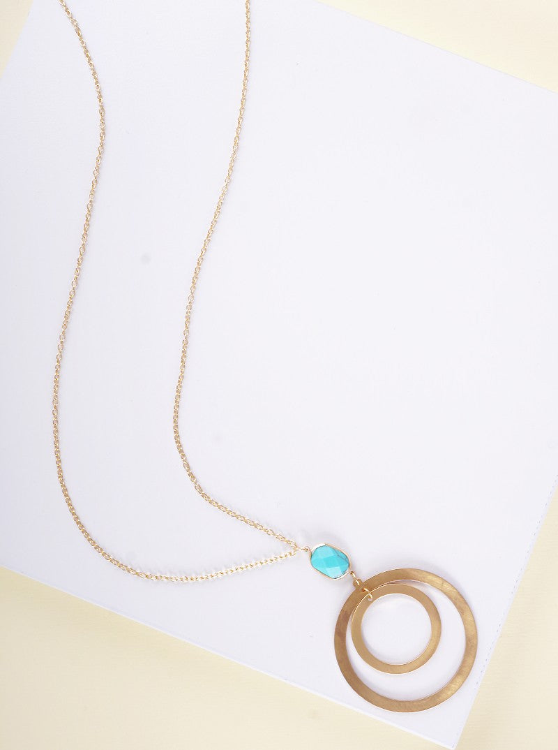 Semi-precious Natural Stone Flat Double Circle Pendant Long Necklace