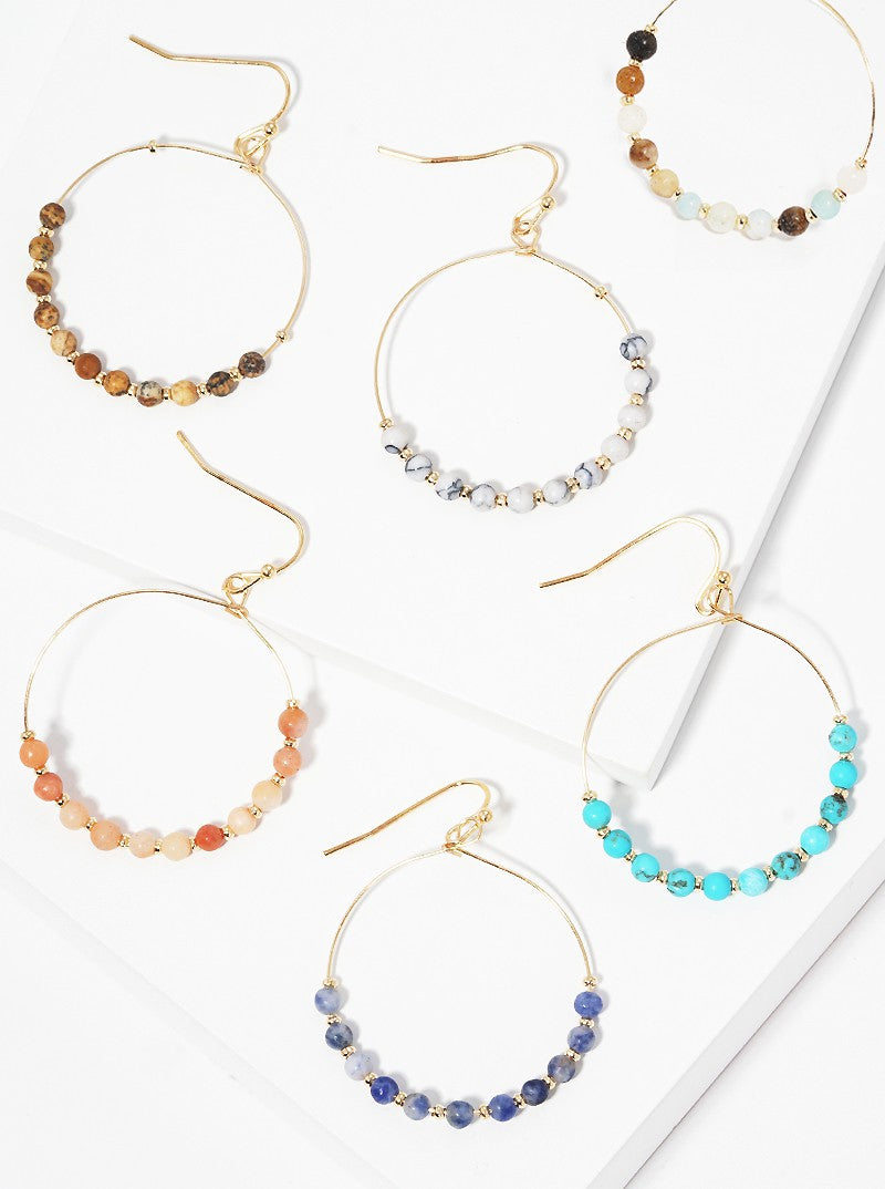 Semi Precious Natural Stone Round Wire Dangle Drop Earrings