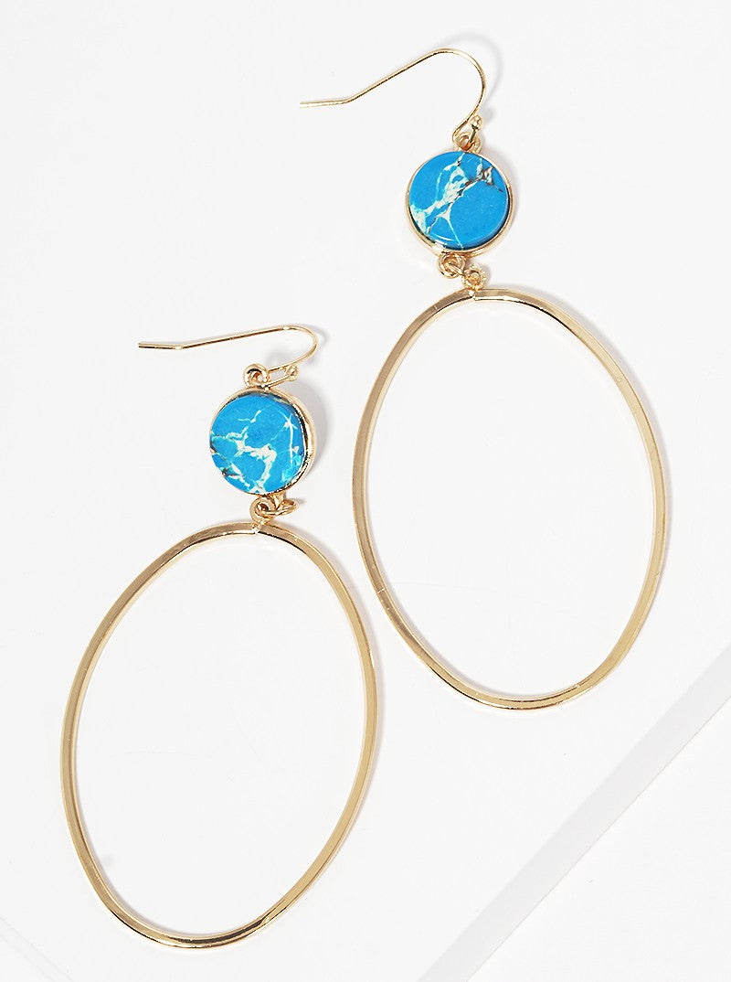 Semi Precious Natural Stone With Oval Drop Dangle Earrings