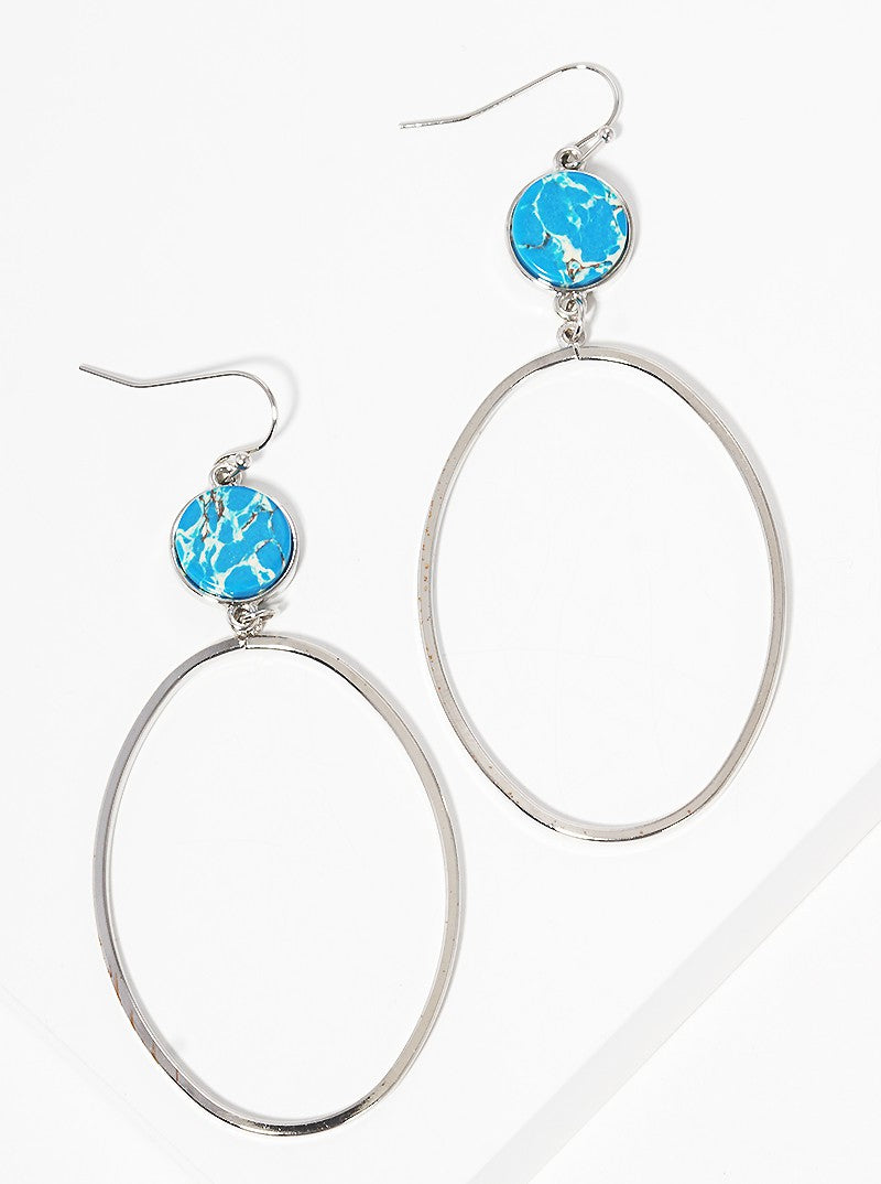 Semi Precious Natural Stone With Oval Drop Dangle Earrings