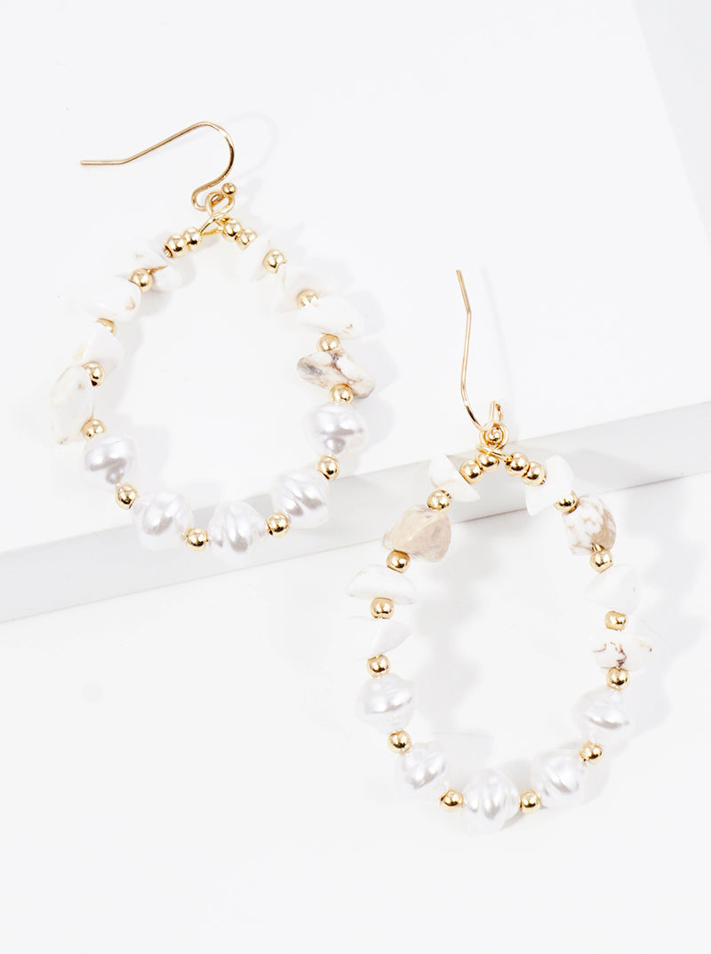 Semi-precious Stone And Pearl Beaded Wire Dangle Drop Earrings