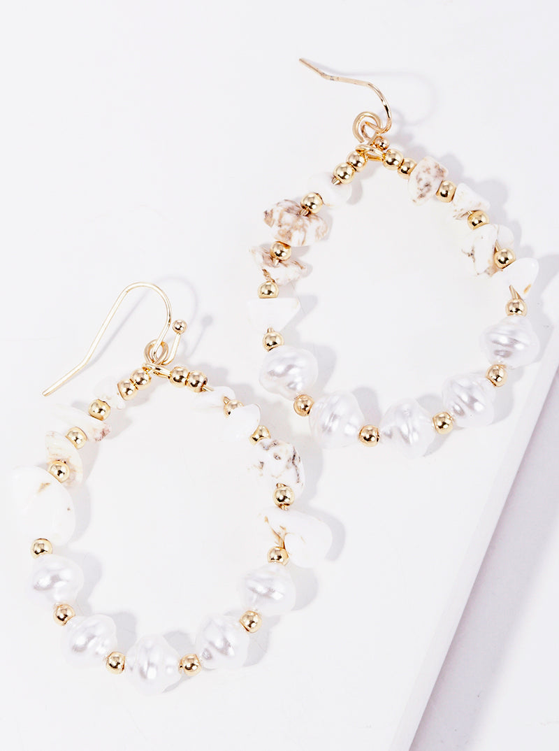 Semi-precious Stone And Pearl Beaded Wire Dangle Drop Earrings