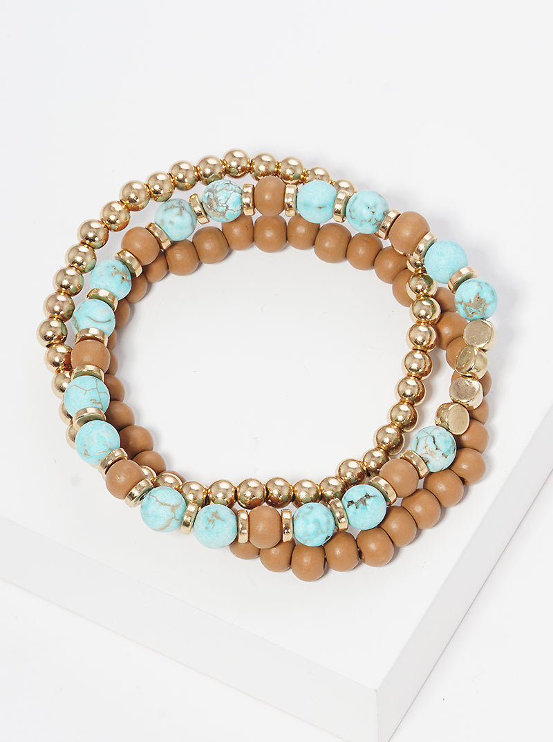 Semi Precious Woods Metal Ball Beads Tri Rows Stretch Bracelet