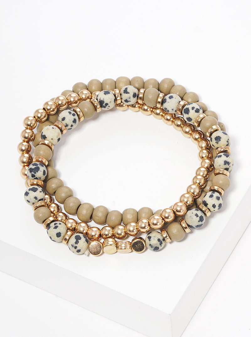 Semi Precious Woods Metal Ball Beads Tri Rows Stretch Bracelet